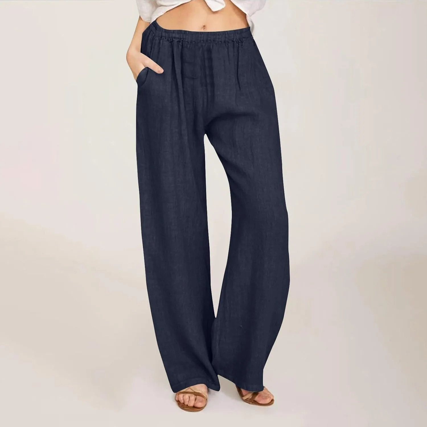 Womens Linen Pants Straight Leg Plus Size High Waisted Linen Pants Women Casual Beach Trousers with Pockets