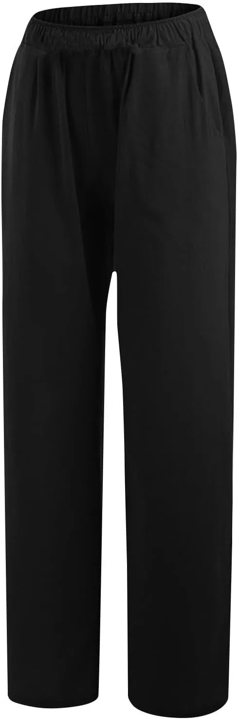 Womens Linen Pants Straight Leg Plus Size High Waisted Linen Pants Women Casual Beach Trousers with Pockets