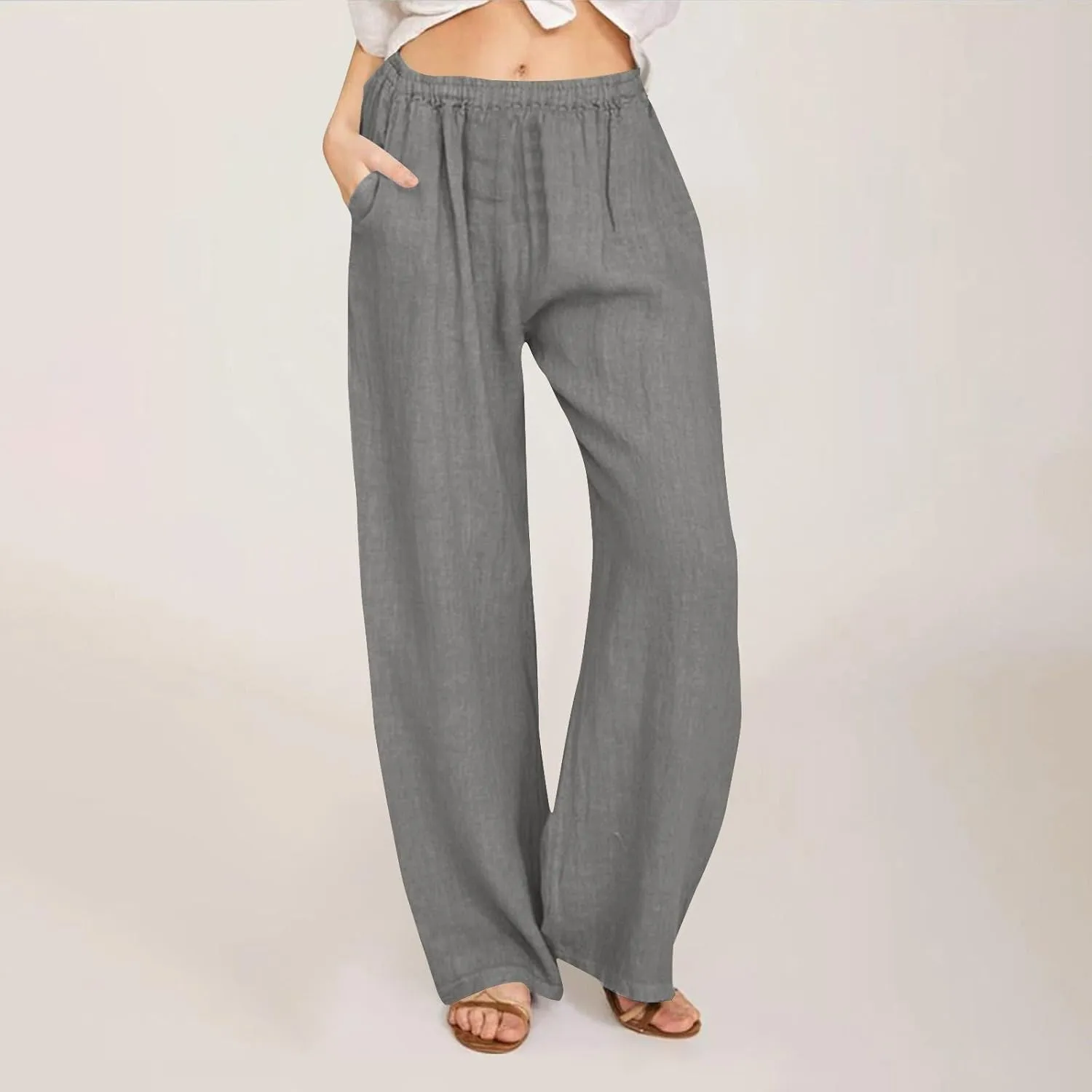 Womens Linen Pants Straight Leg Plus Size High Waisted Linen Pants Women Casual Beach Trousers with Pockets