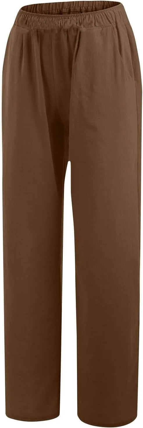Womens Linen Pants Straight Leg Plus Size High Waisted Linen Pants Women Casual Beach Trousers with Pockets