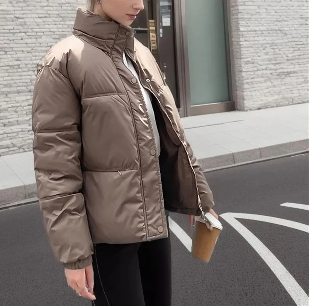 Women's Long Sleeve Solid Zipper Parkas Coat Vintage High Collar Button Cotton-Padded Jacket