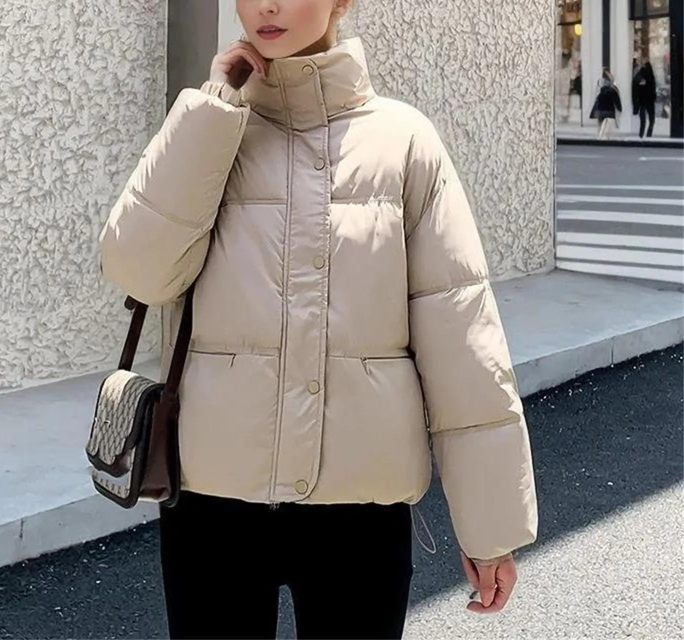 Women's Long Sleeve Solid Zipper Parkas Coat Vintage High Collar Button Cotton-Padded Jacket