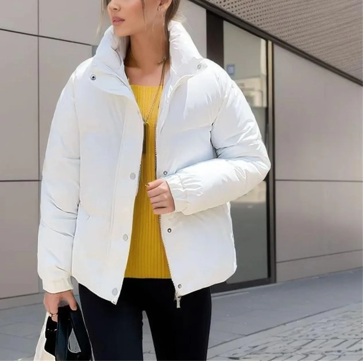 Women's Long Sleeve Solid Zipper Parkas Coat Vintage High Collar Button Cotton-Padded Jacket