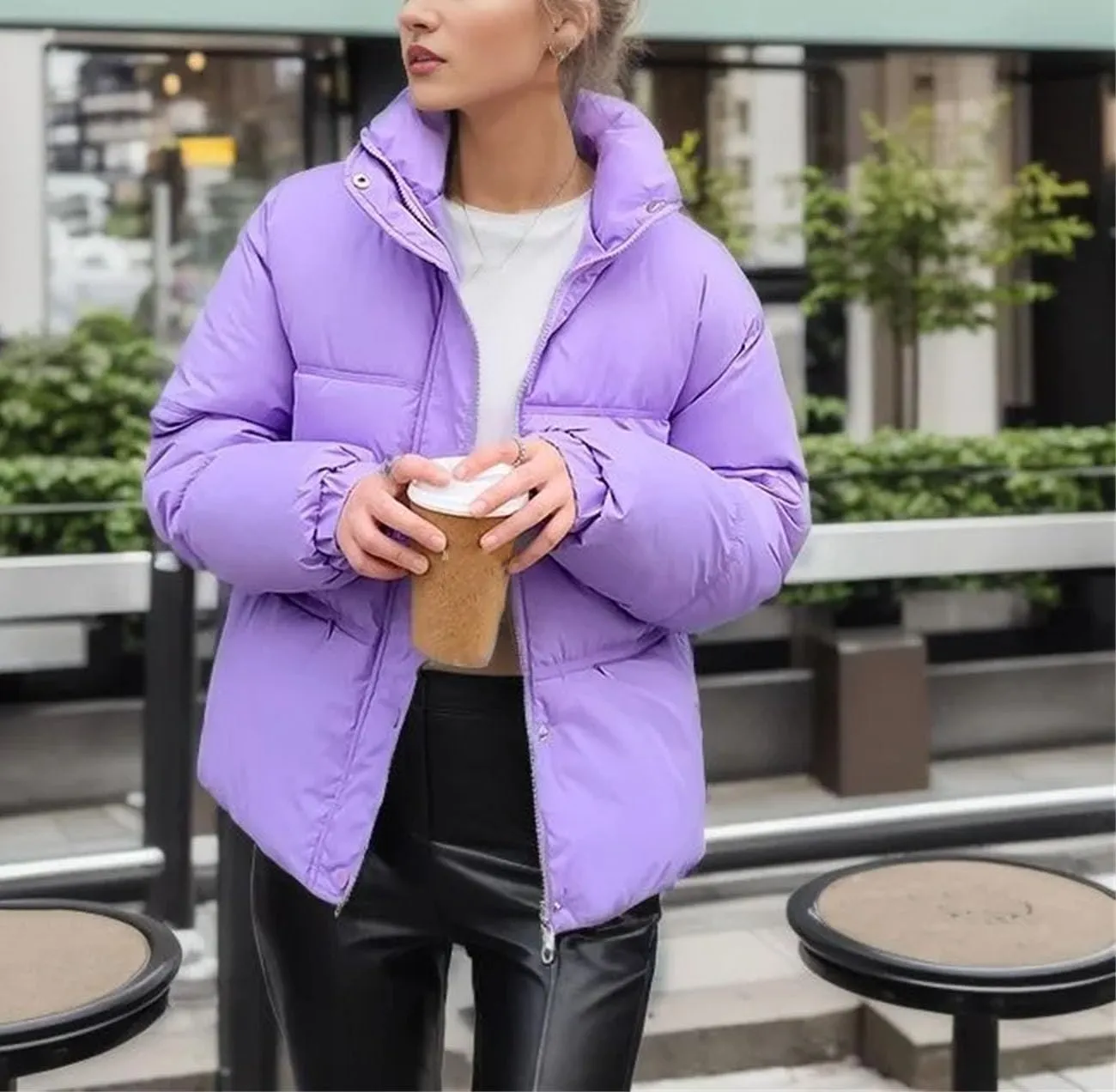 Women's Long Sleeve Solid Zipper Parkas Coat Vintage High Collar Button Cotton-Padded Jacket