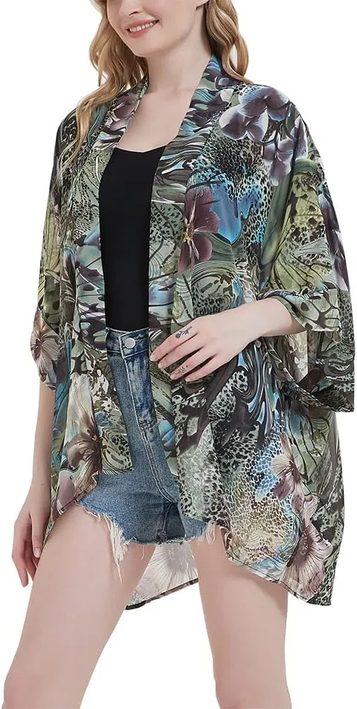 Women's Loose Print Sheer Chiffon Kimono Beach Swim Cover up Cardigan Capes Blouse Tops