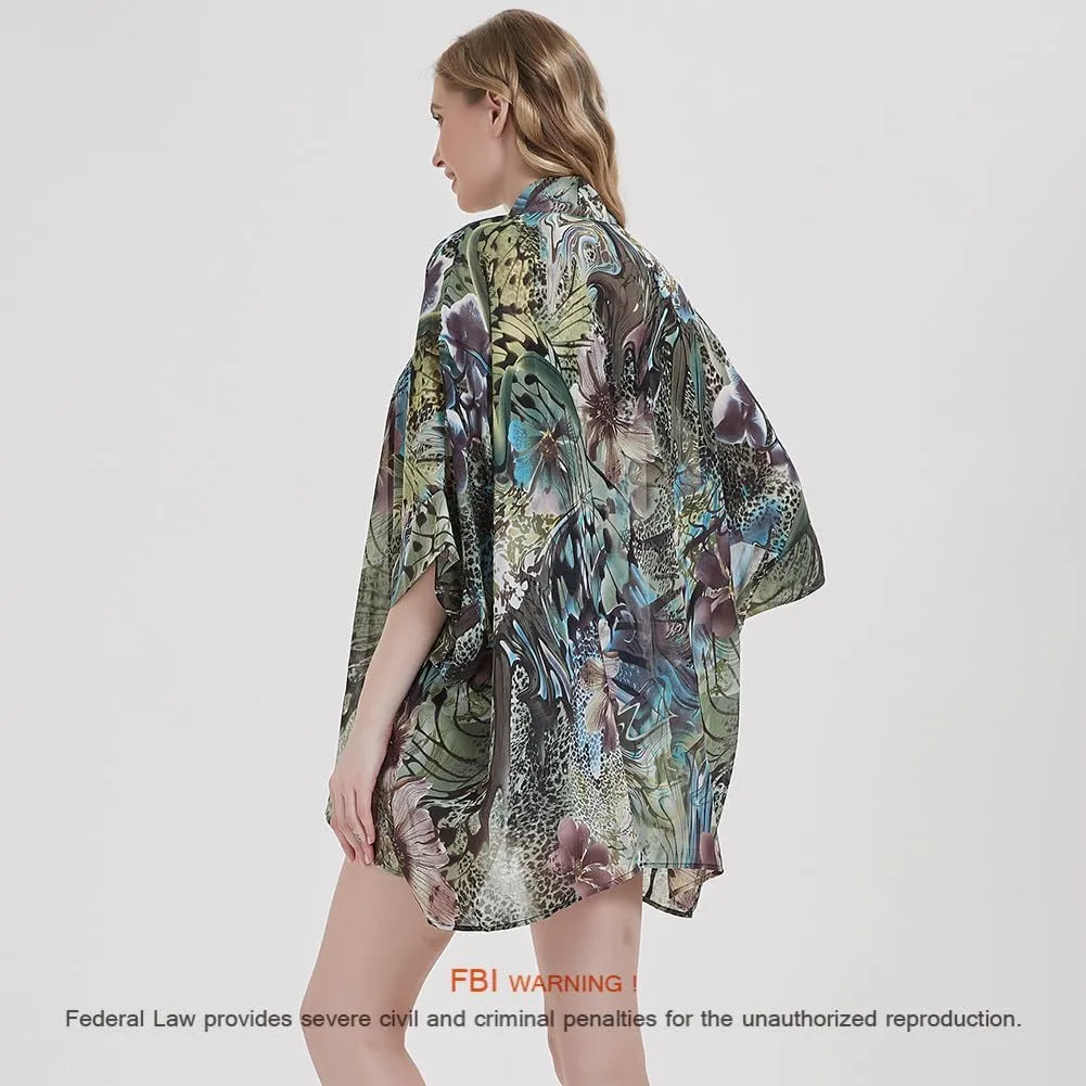 Women's Loose Print Sheer Chiffon Kimono Beach Swim Cover up Cardigan Capes Blouse Tops