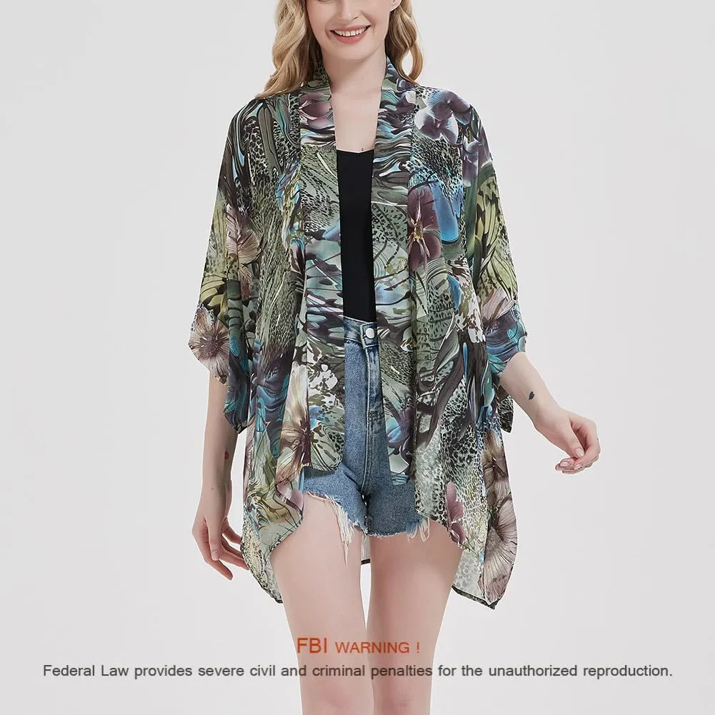 Women's Loose Print Sheer Chiffon Kimono Beach Swim Cover up Cardigan Capes Blouse Tops
