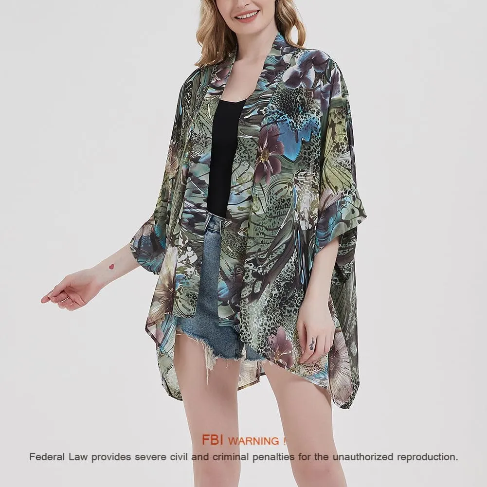 Women's Loose Print Sheer Chiffon Kimono Beach Swim Cover up Cardigan Capes Blouse Tops