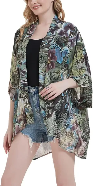 Women's Loose Print Sheer Chiffon Kimono Beach Swim Cover up Cardigan Capes Blouse Tops