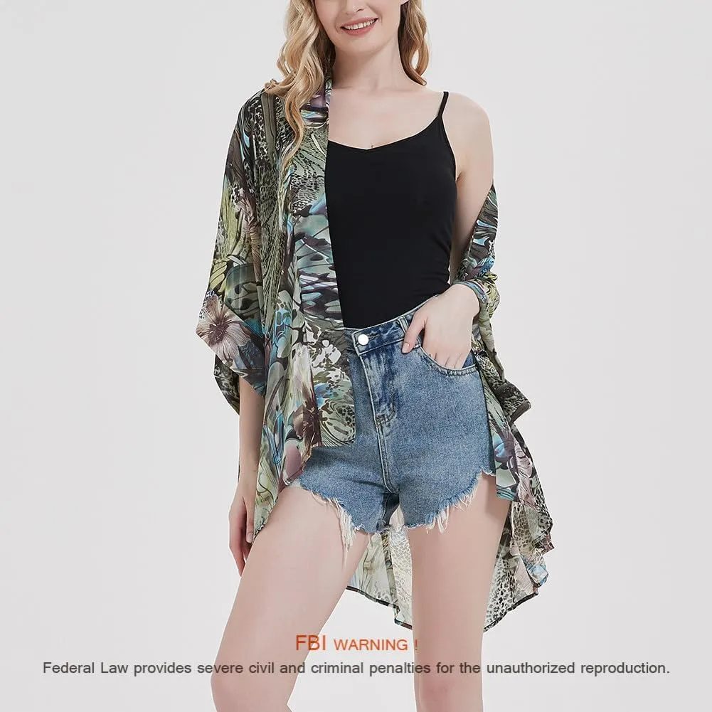 Women's Loose Print Sheer Chiffon Kimono Beach Swim Cover up Cardigan Capes Blouse Tops