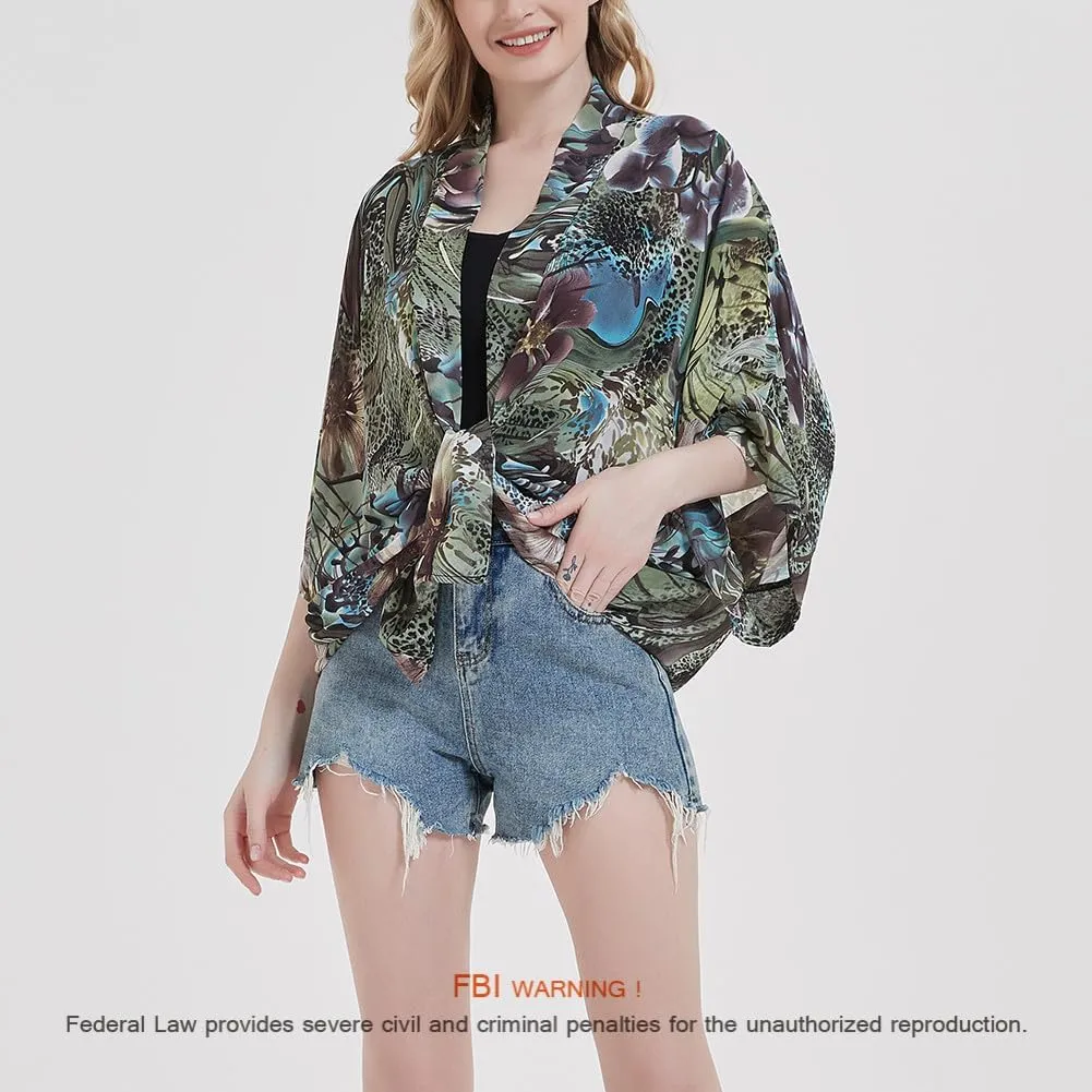 Women's Loose Print Sheer Chiffon Kimono Beach Swim Cover up Cardigan Capes Blouse Tops