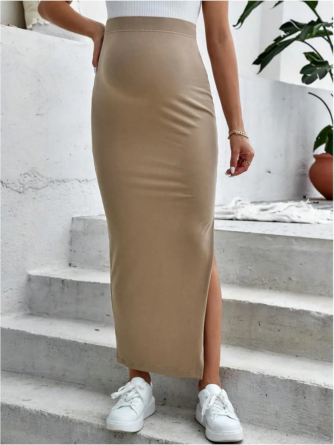 Women's Maternity Long Skirt High Waist Split Thigh Pregnancy Casual Bodycon Skirts