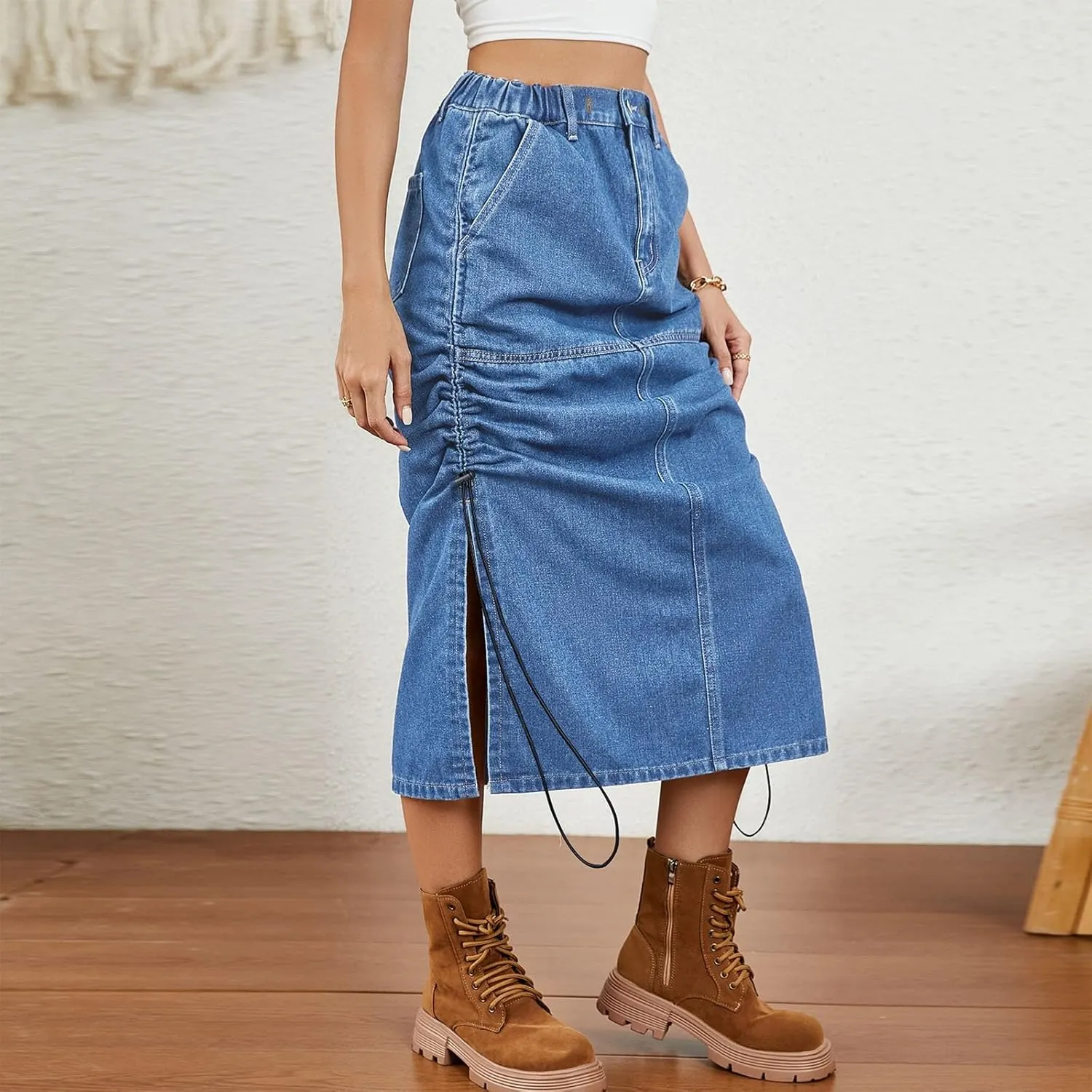 Women's Maxi Long Denim Skirt High Waisted Summer Casual Y2k Split Drawstring A-Line Midi Jean Skirts with Pockets