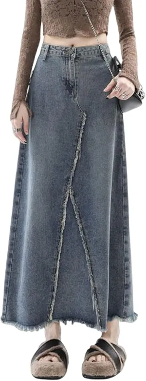 Womens Maxi Long Denim Skirts High Waisted Flared A Line Raw Hem Trendy Midi Jean Skirt