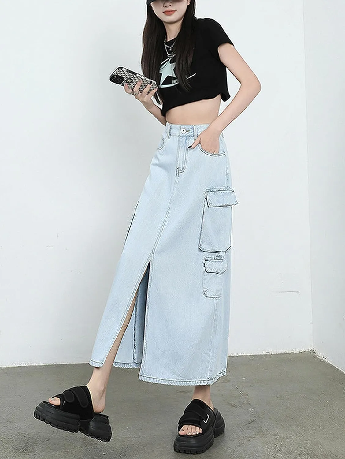 Womens Maxi Long Denim Skirts High Waisted Flared A Line Raw Hem Trendy Midi Jean Skirt