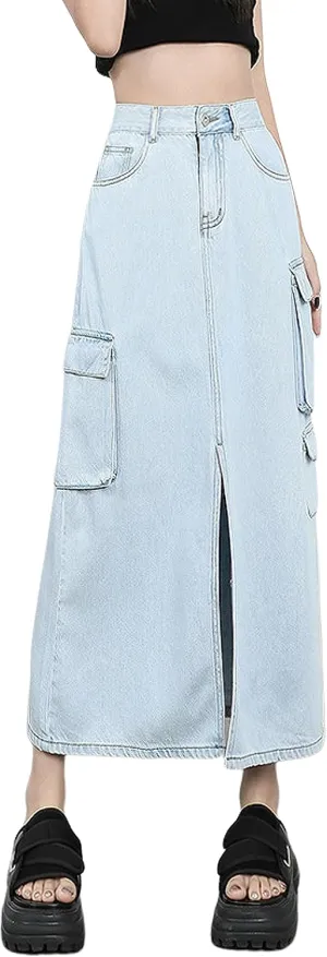 Womens Maxi Long Denim Skirts High Waisted Flared A Line Raw Hem Trendy Midi Jean Skirt