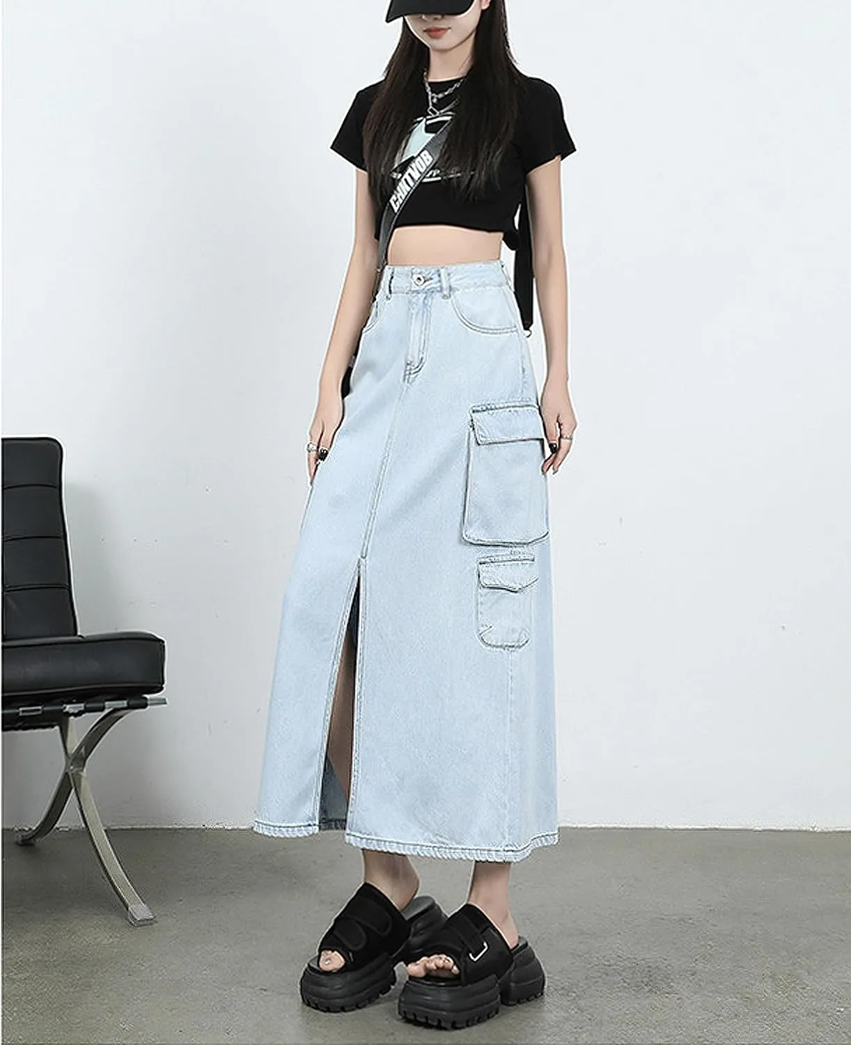 Womens Maxi Long Denim Skirts High Waisted Flared A Line Raw Hem Trendy Midi Jean Skirt