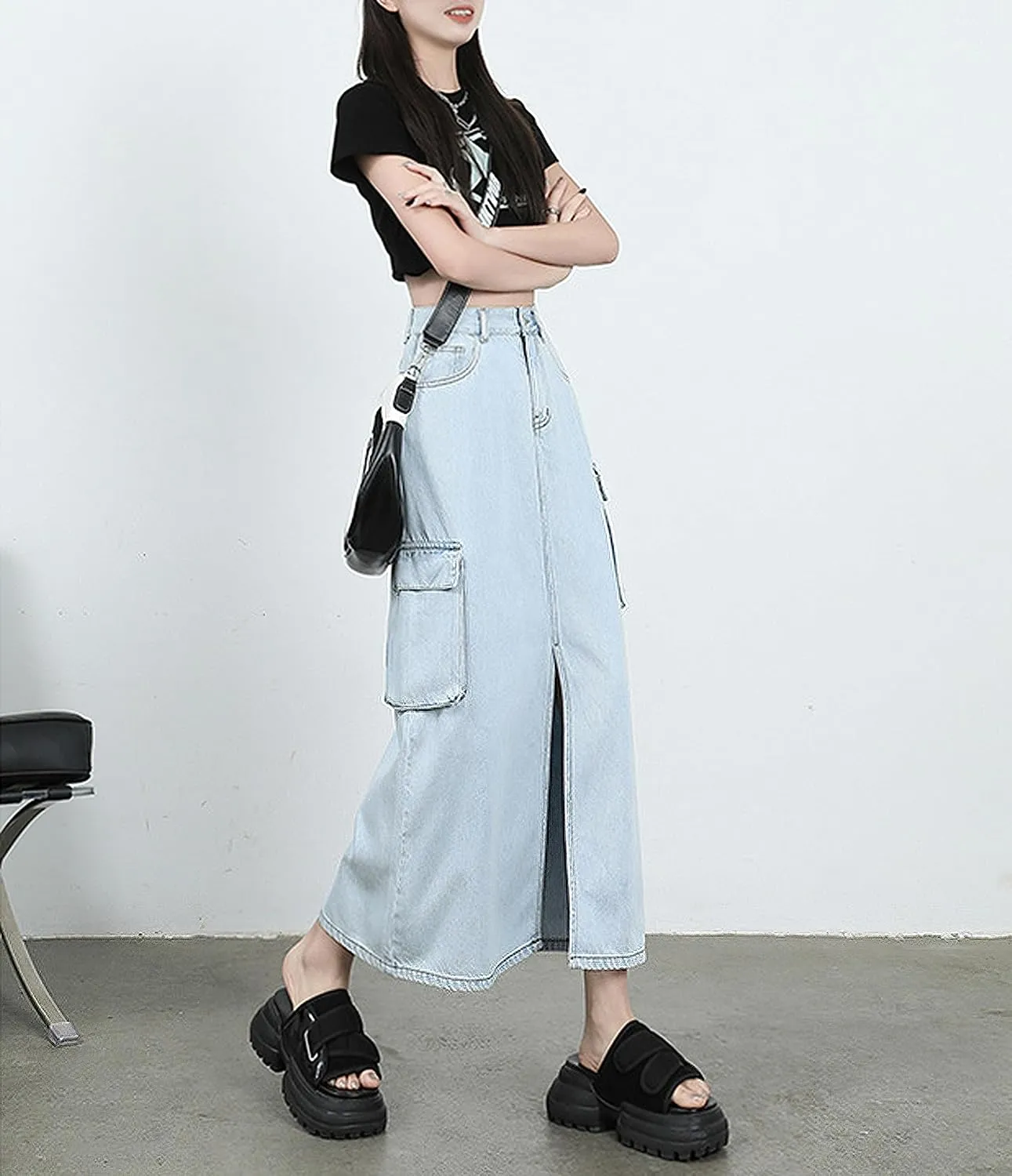 Womens Maxi Long Denim Skirts High Waisted Flared A Line Raw Hem Trendy Midi Jean Skirt