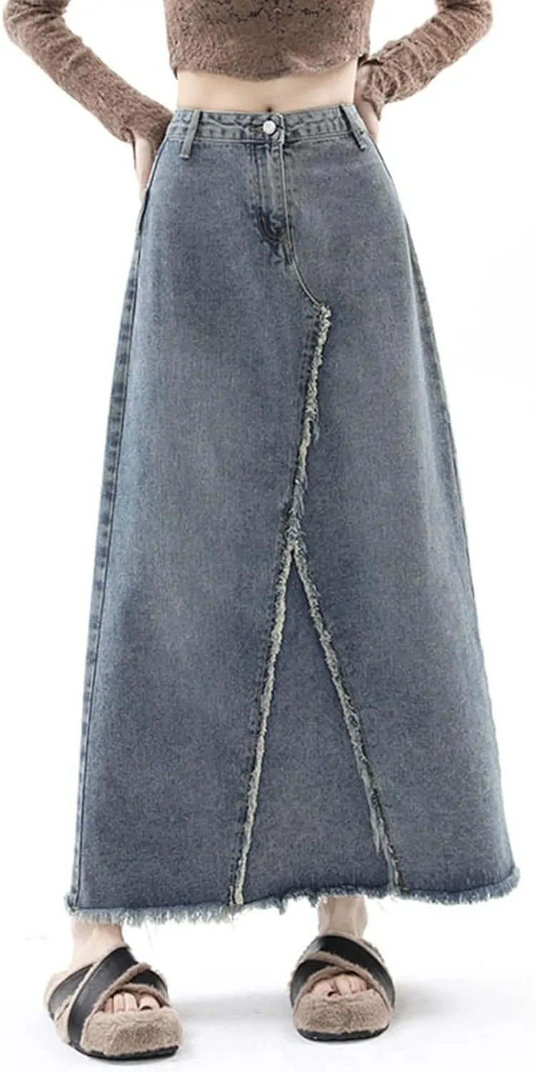 Womens Maxi Long Denim Skirts High Waisted Flared A Line Raw Hem Trendy Midi Jean Skirt