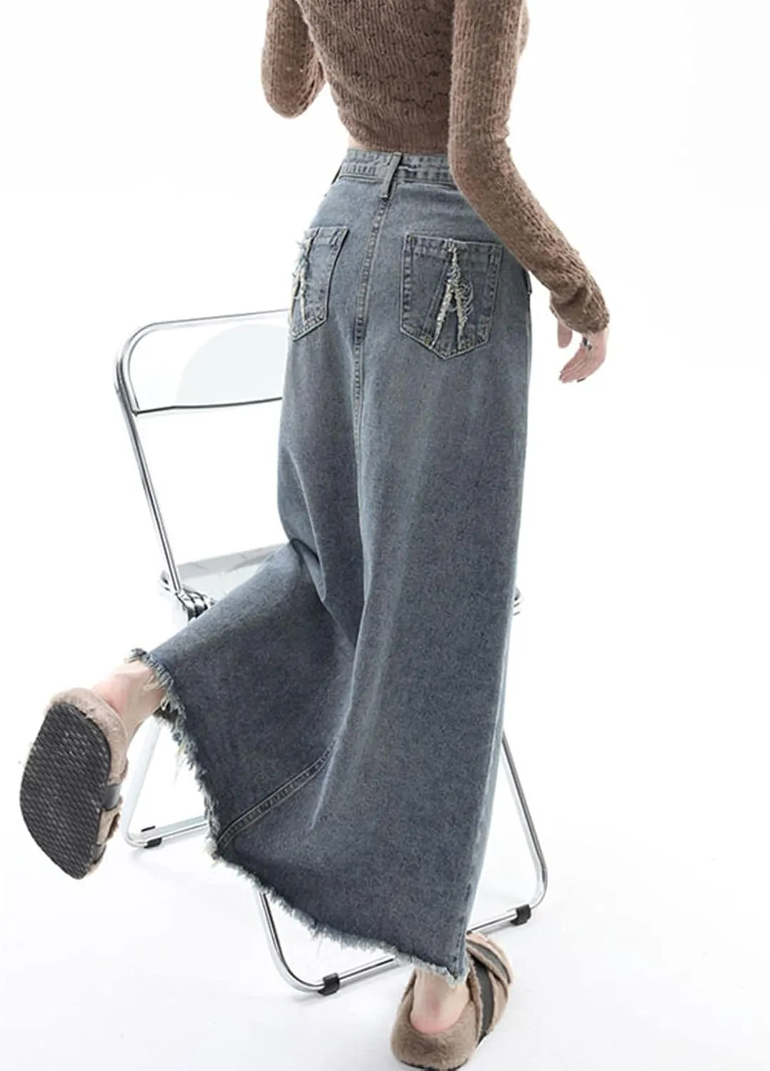 Womens Maxi Long Denim Skirts High Waisted Flared A Line Raw Hem Trendy Midi Jean Skirt