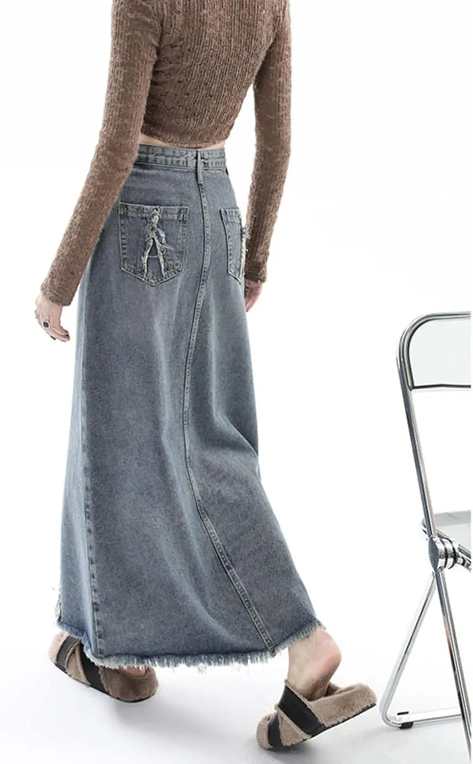 Womens Maxi Long Denim Skirts High Waisted Flared A Line Raw Hem Trendy Midi Jean Skirt