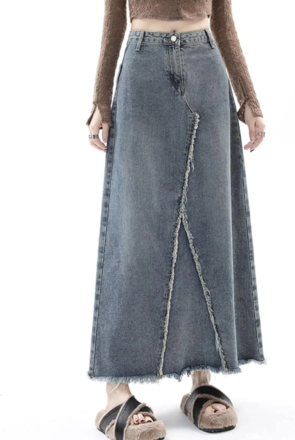 Womens Maxi Long Denim Skirts High Waisted Flared A Line Raw Hem Trendy Midi Jean Skirt