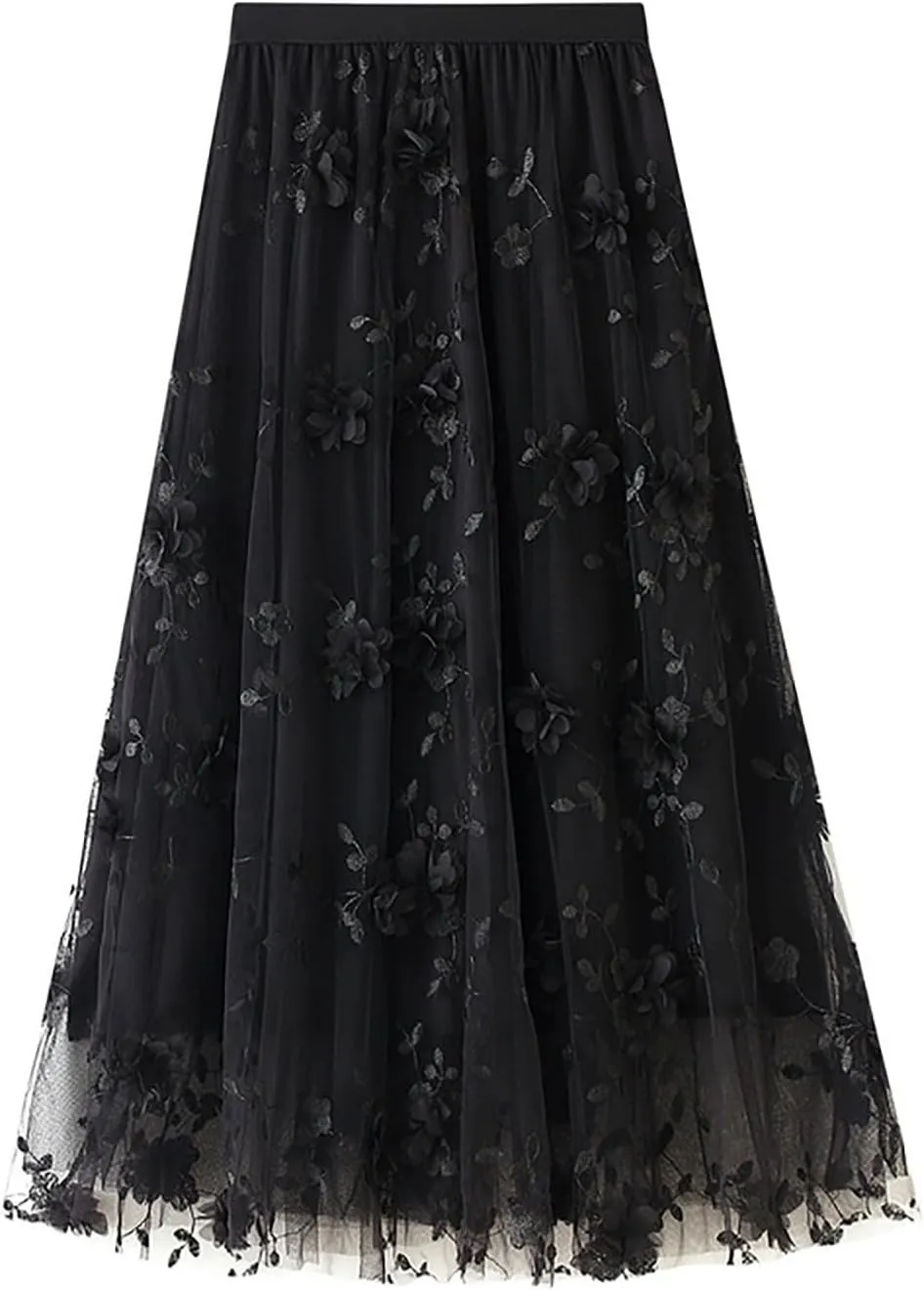 Women's Midi Tulle Skirts Floral Embroidery Layered Print Fairy Skirts Elastic Waist A-Line Mesh Skirt