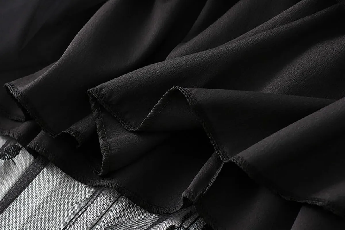 Women's Midi Tulle Skirts Floral Embroidery Layered Print Fairy Skirts Elastic Waist A-Line Mesh Skirt