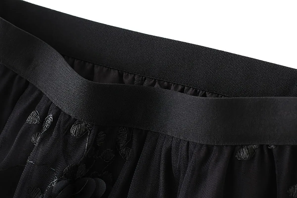 Women's Midi Tulle Skirts Floral Embroidery Layered Print Fairy Skirts Elastic Waist A-Line Mesh Skirt