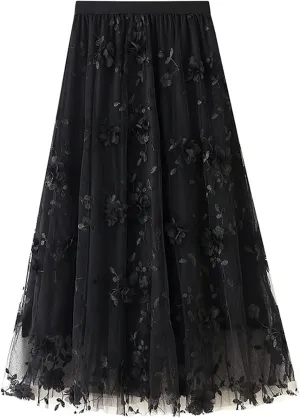 Women's Midi Tulle Skirts Floral Embroidery Layered Print Fairy Skirts Elastic Waist A-Line Mesh Skirt