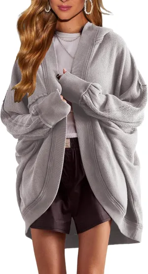Womens Oversized Cardigan Vintage Long Sleeve Hooded Sweatshirt Casual Open Front Outwear Coat