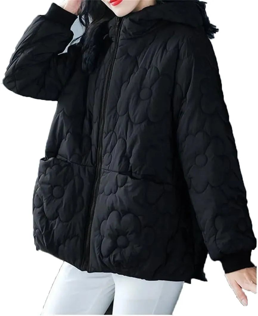 Women's Padded Coat Loose Zipper Pocket Winter Down Cotton-Padded Jacket Snow Cotton-Padded Coat Hooded Coa