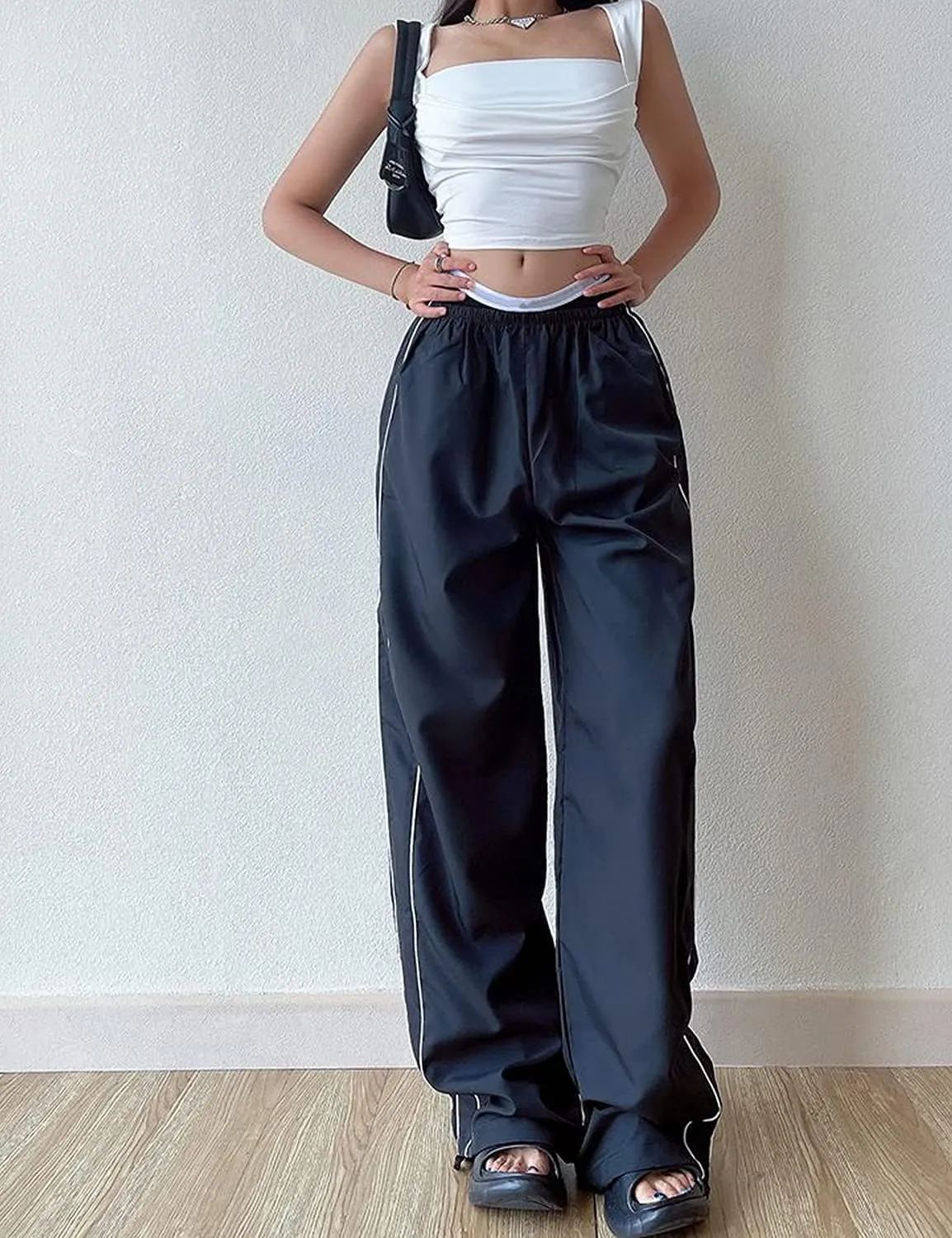 Women's Parachute Pants Cargo Trousers Elastic Waist Wide Leg Track Pants Y2k Clothing