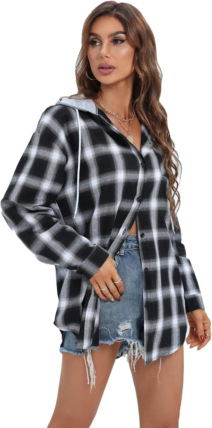Women's Plaid Flannel Shirts Hoodie Long Sleeve Oversized Shirt Jacket Button Down Blouse Tops
