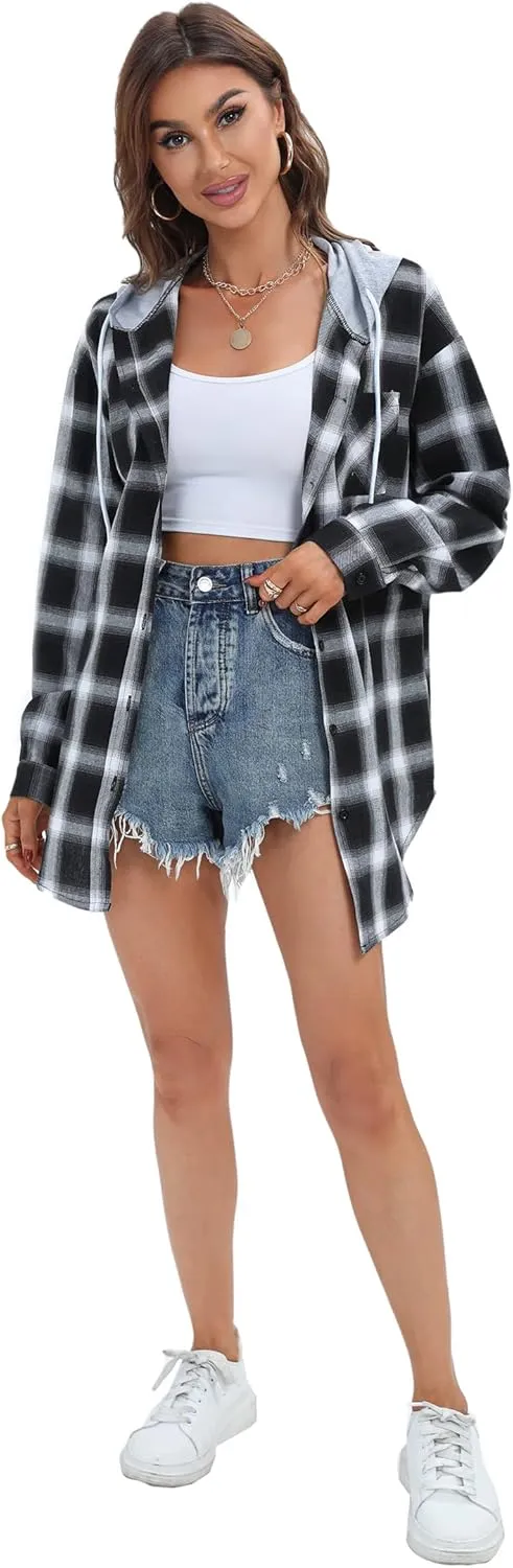 Women's Plaid Flannel Shirts Hoodie Long Sleeve Oversized Shirt Jacket Button Down Blouse Tops