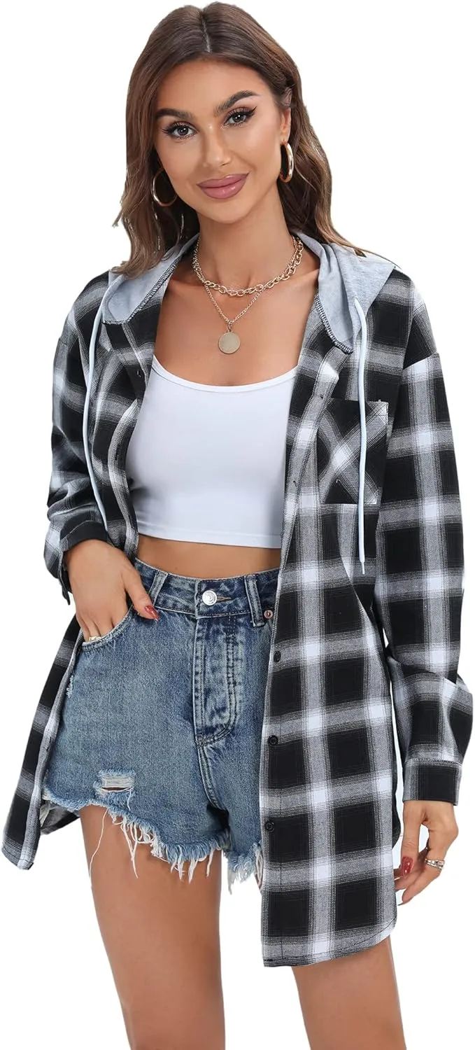 Women's Plaid Flannel Shirts Hoodie Long Sleeve Oversized Shirt Jacket Button Down Blouse Tops