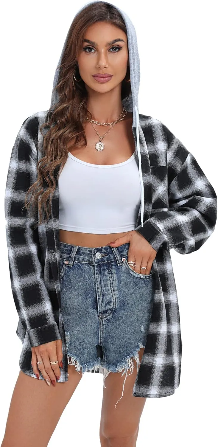 Women's Plaid Flannel Shirts Hoodie Long Sleeve Oversized Shirt Jacket Button Down Blouse Tops