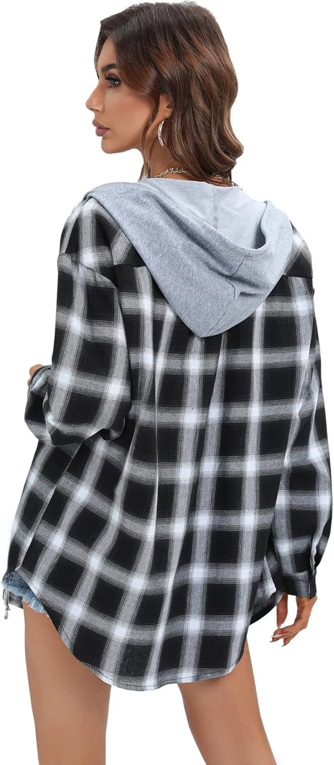 Women's Plaid Flannel Shirts Hoodie Long Sleeve Oversized Shirt Jacket Button Down Blouse Tops