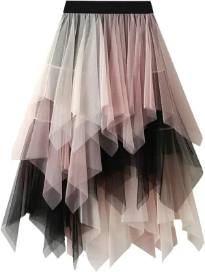 Women's Pleated Tulle Skirt Irregular Underskirt Layered Pleated A-line Midi Skirt for Wedding Party Prom