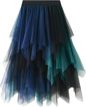 Women's Pleated Tulle Skirt Irregular Underskirt Layered Pleated A-line Midi Skirt for Wedding Party Prom