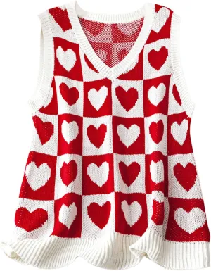 Women's Plus Size Heart Print Sweater Vest V Neck Sleeveless Graphic Knit Tops
