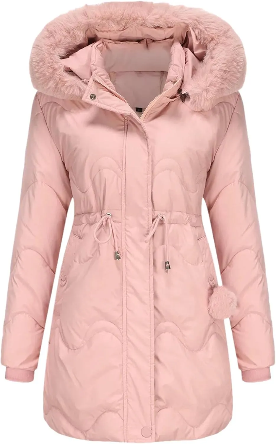 Women's Plush Hooded Collar Cotton-Padded Jacket Casual Drawstring Waist Pockets Parka Coat