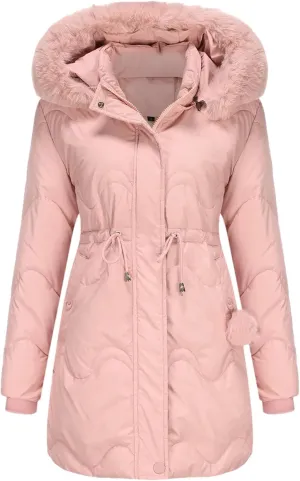 Women's Plush Hooded Collar Cotton-Padded Jacket Casual Drawstring Waist Pockets Parka Coat