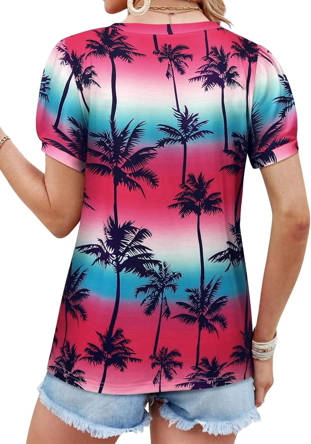 Womens Puff Short Sleeve Hawaiian Shirts Floral Tropic Printed Pleated V Neck Summer Casual T-Shirt Trendy Boho Blouses Tops