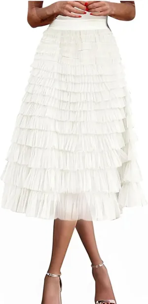 Women's Ruffle Layered Midi Skirts High Waist Elegant Mid Calf Length Skirt Solid A Line Cake Skirts Work Outfits
