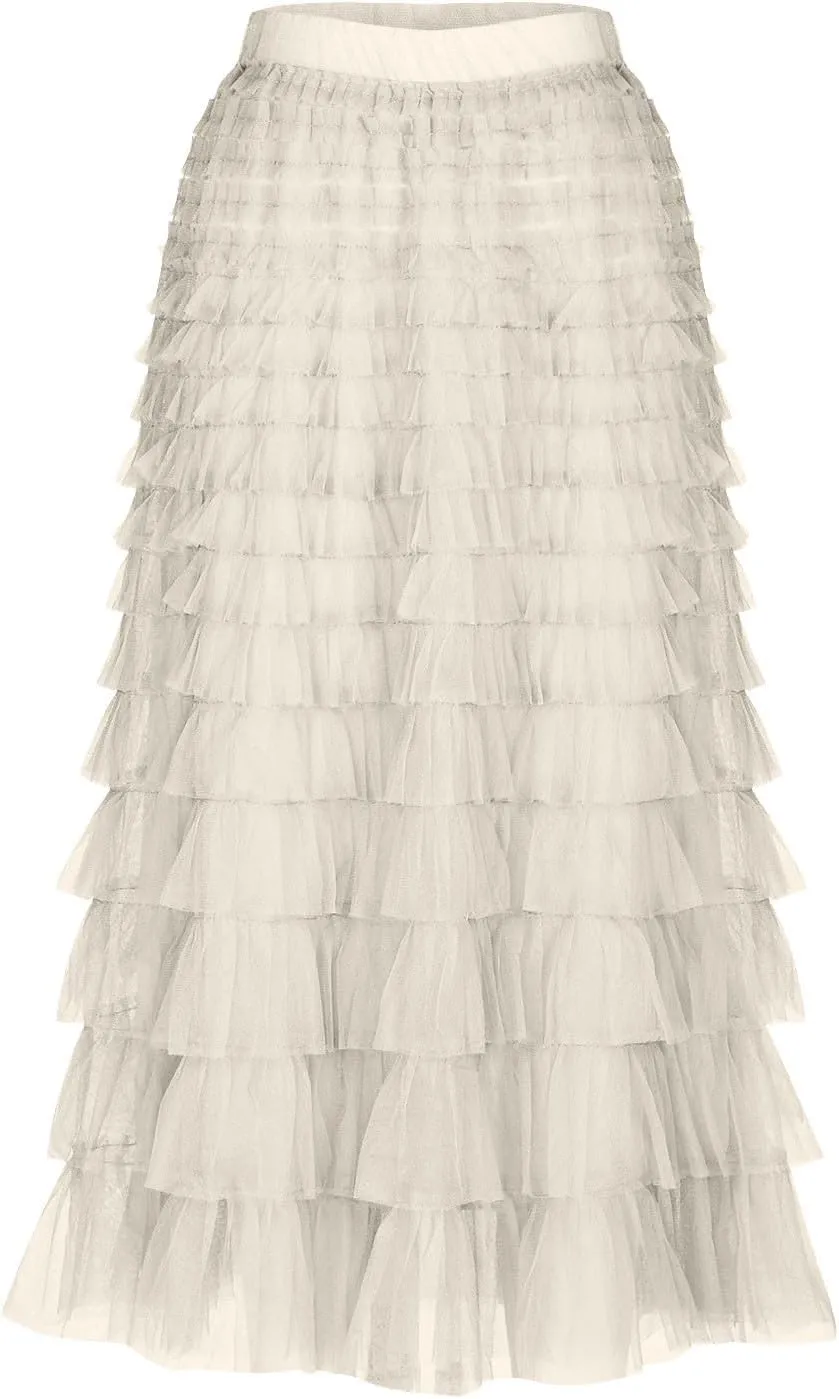Women's Ruffle Layered Midi Skirts High Waist Elegant Mid Calf Length Skirt Solid A Line Cake Skirts Work Outfits