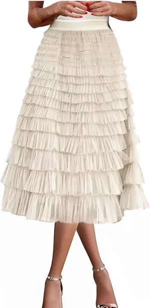 Women's Ruffle Layered Midi Skirts High Waist Elegant Mid Calf Length Skirt Solid A Line Cake Skirts Work Outfits