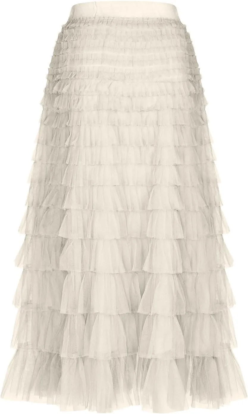 Women's Ruffle Layered Midi Skirts High Waist Elegant Mid Calf Length Skirt Solid A Line Cake Skirts Work Outfits