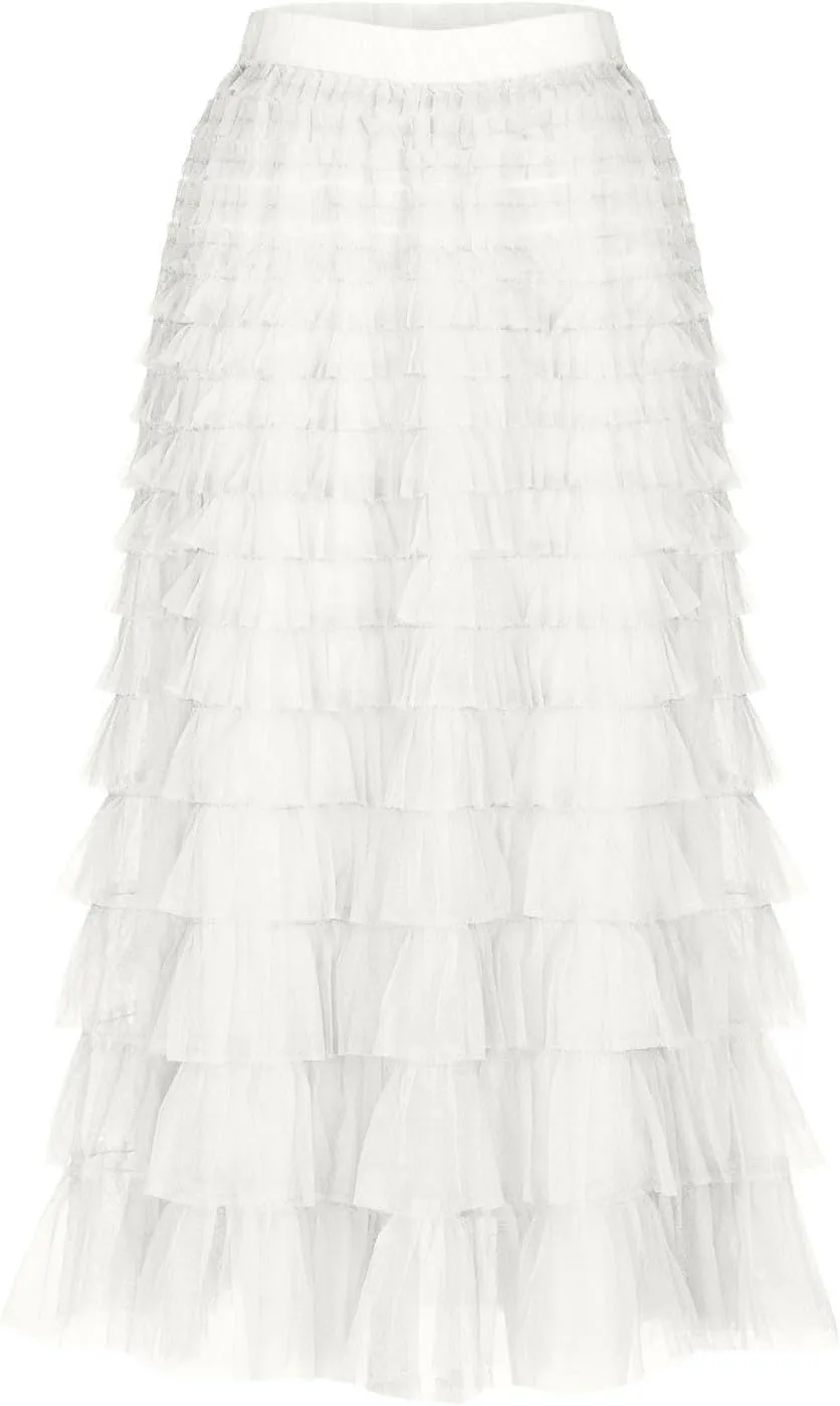 Women's Ruffle Layered Midi Skirts High Waist Elegant Mid Calf Length Skirt Solid A Line Cake Skirts Work Outfits
