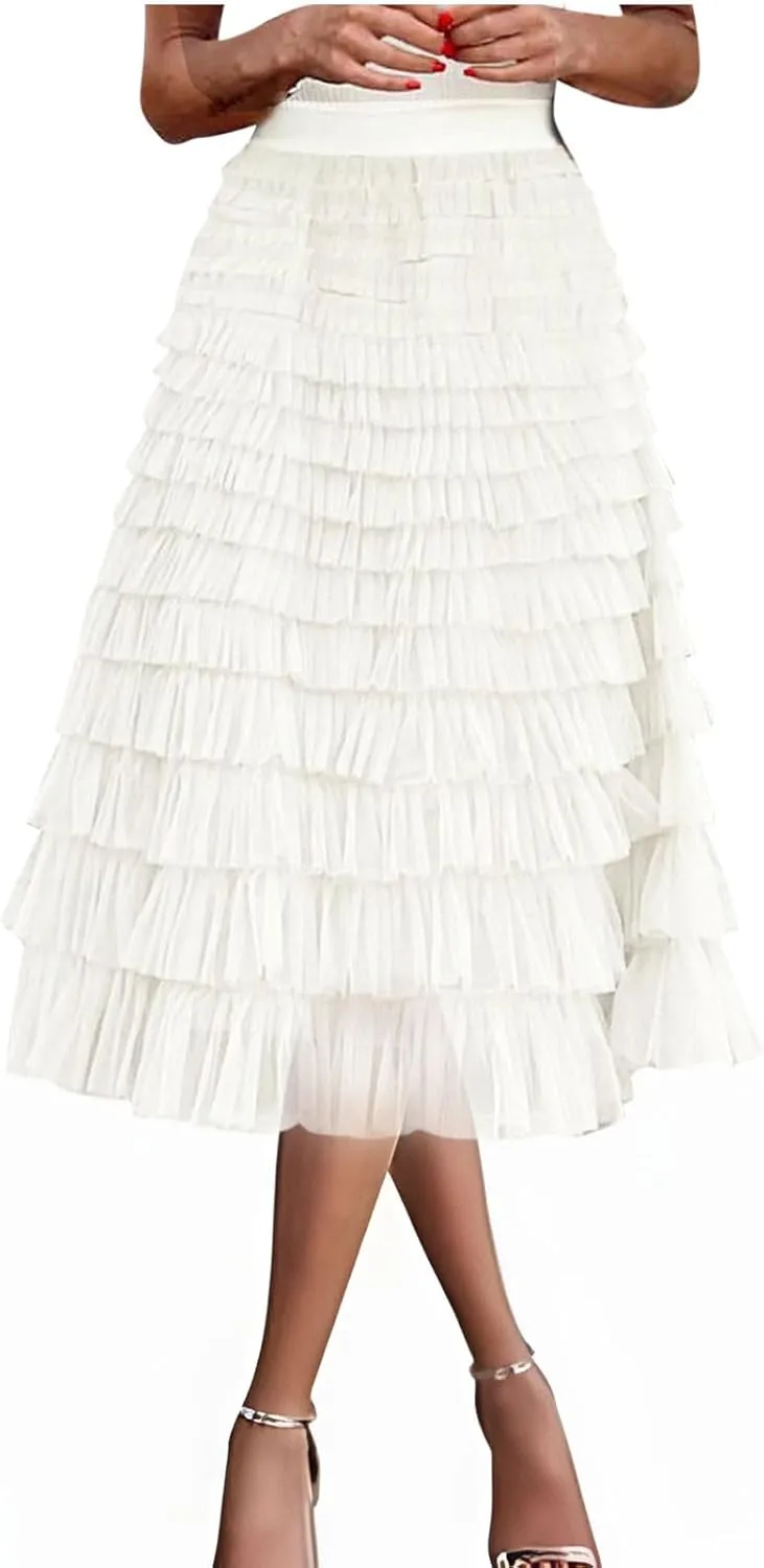 Women's Ruffle Layered Midi Skirts High Waist Elegant Mid Calf Length Skirt Solid A Line Cake Skirts Work Outfits